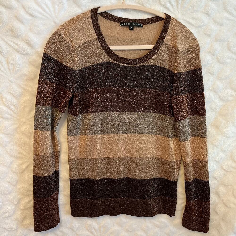 Antonio Melani brown gold striped sweater shimmery weave preowned excellent sz M